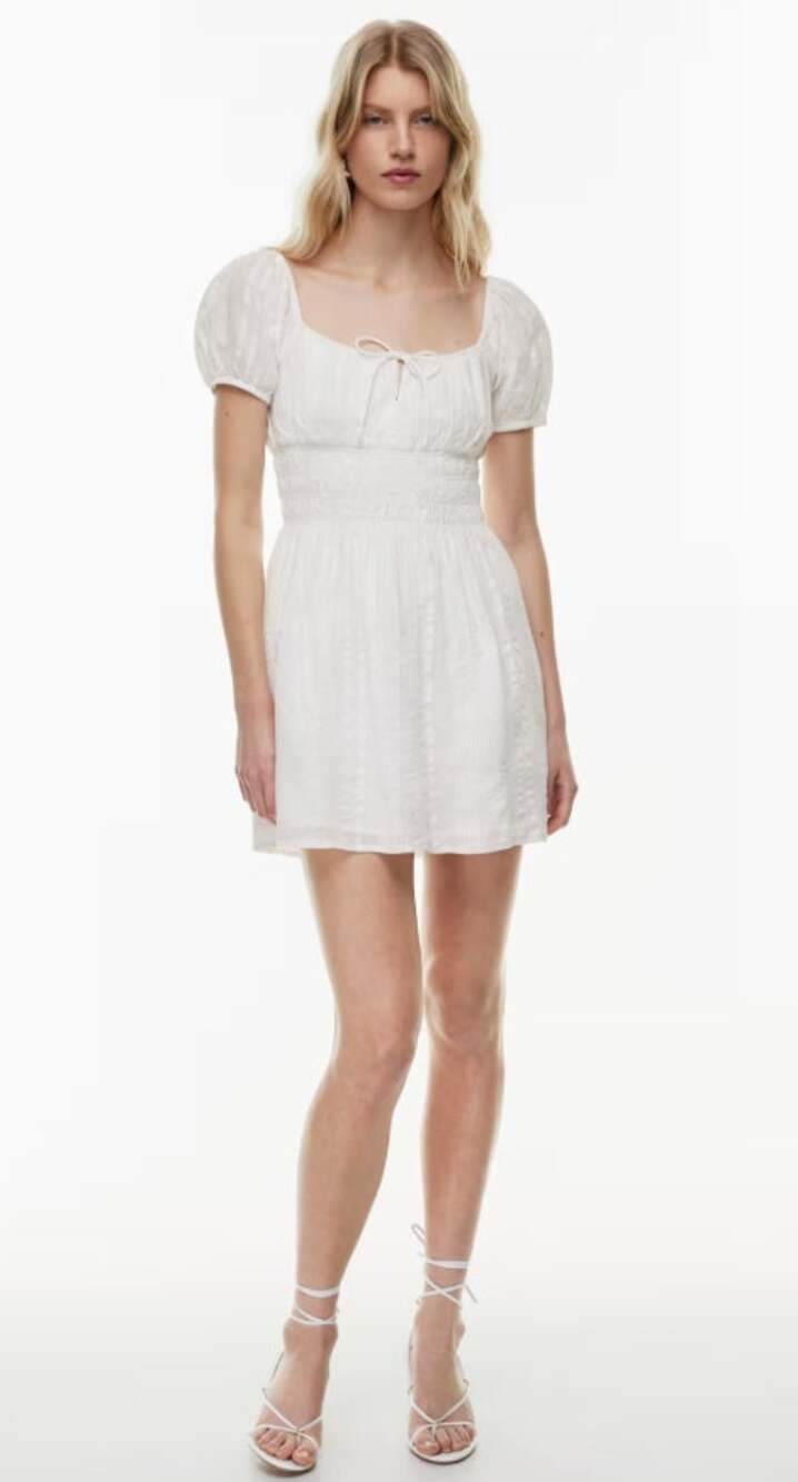 Aritzia Sunday Best Kay Dress Organic Cotton White Smocked Waist Puff Sleeve L